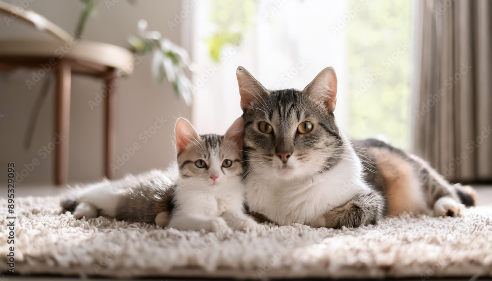 リビングルームでマッタリする親子猫