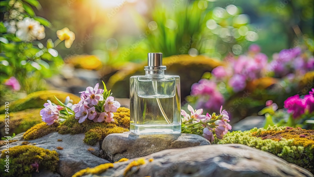 Perfume bottle on a rock surrounded by flowers in a serene setting, fragrance, beauty, nature, aromatherapy, relaxation Perfume bottle on a rock surrounded by flowers in a serene setting, fragrance, beauty, nature, aromatherapy, relaxation
