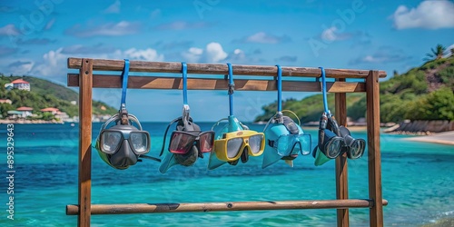 Fototapeta Naklejka Na Ścianę i Meble -  Snorkeling masks drying on DIY frame at hotel beach resort in Grenada, Caribbean , snorkeling, masks, drying, DIY, frame
