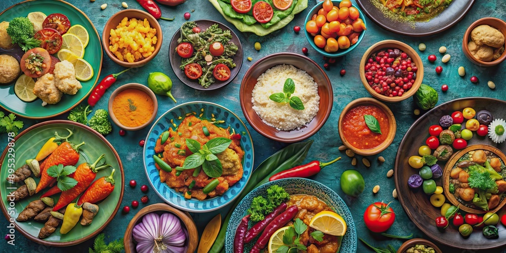 Food plate top view with a variety of colorful and delicious dishes, food, plate, top view, clear background, meal, dinner Food plate top view with a variety of colorful and delicious dishes, food, plate, top view, clear background, meal, dinner