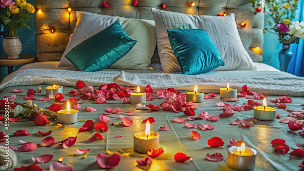 Romantic bed setup with flickering candles and scattered rose petals ...
