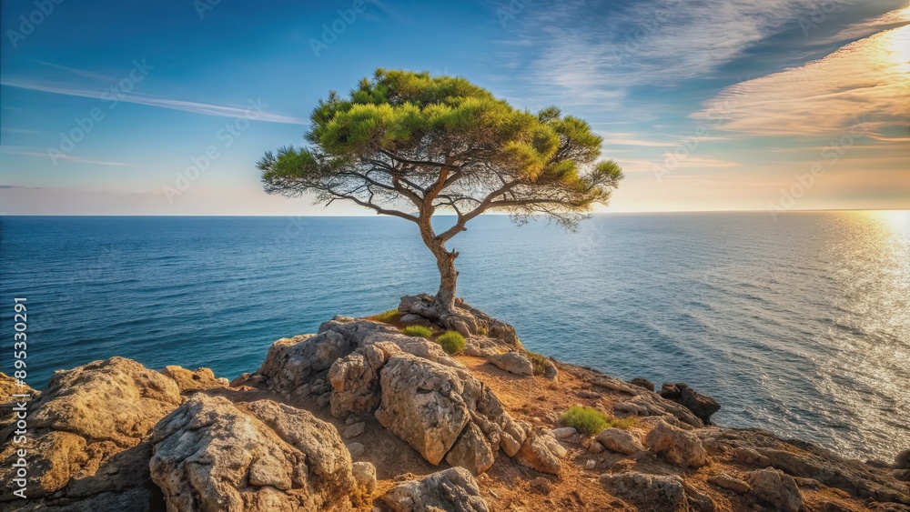 Lonely tree standing on a rocky coast overlooking the sea , nature, landscape, tranquility, serene, peaceful, water, ocean, horizon Lonely tree standing on a rocky coast overlooking the sea , nature, landscape, tranquility, serene, peaceful, water, ocean, horizon