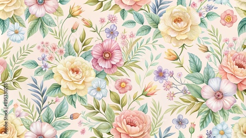 Seamless pattern of delicate flowers in pastel colors, seamless, floral, background, repetitive, texture © guntapong