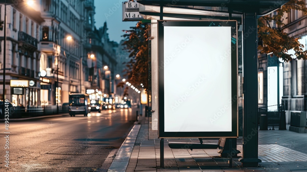 Blank advertising poster mockup template on an empty bus stop by the road