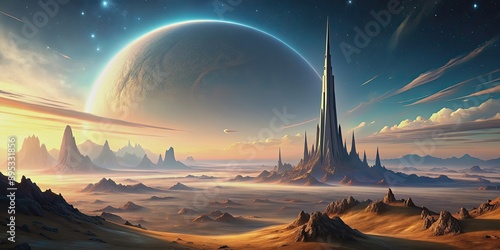 Alien landscape with a towering spire against a giant planet backdrop at dawn, embodying a surreal and futuristic world