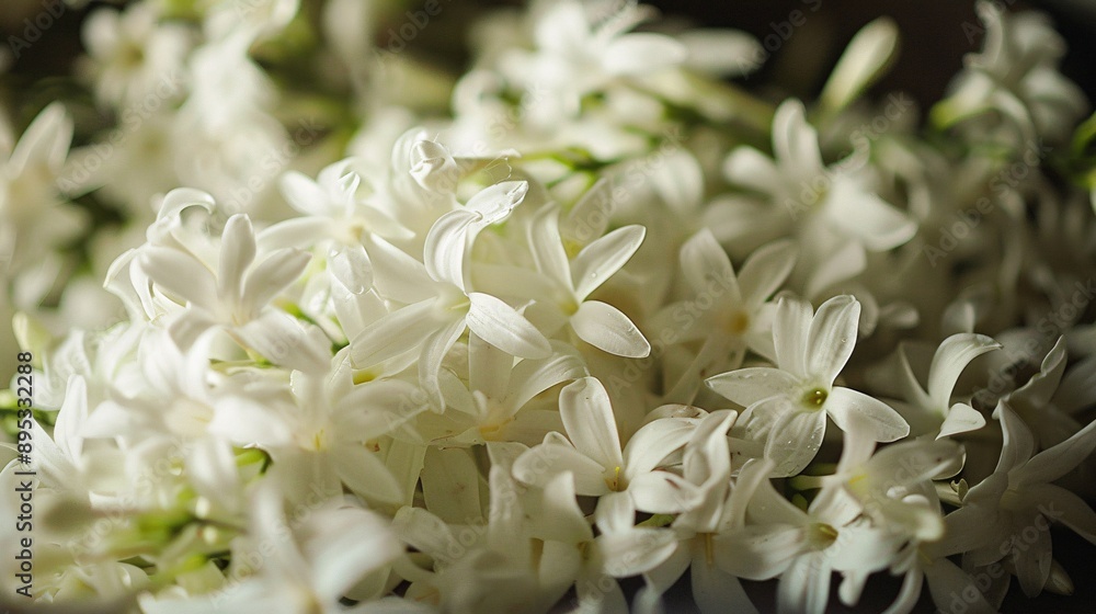 4. Morning jasmine flowers with exquisitely arranged white petals, symbolically used in Thai culture to create wreaths for Mother's Day celebrations 4. Morning jasmine flowers with exquisitely arranged white petals, symbolically used in Thai culture to create wreaths for Mother's Day celebrations