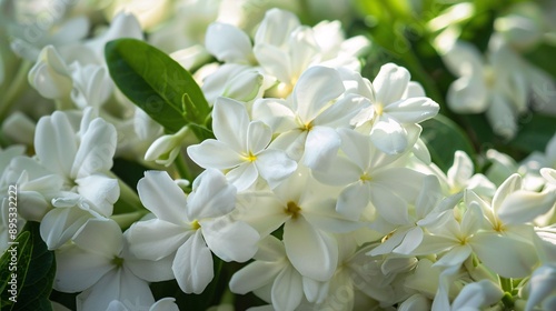 3. Stunning jasmine flowers blooming in the morning light, their white petals perfectly stacked, commonly crafted into wreaths by Thai people for Mother's Day tributes