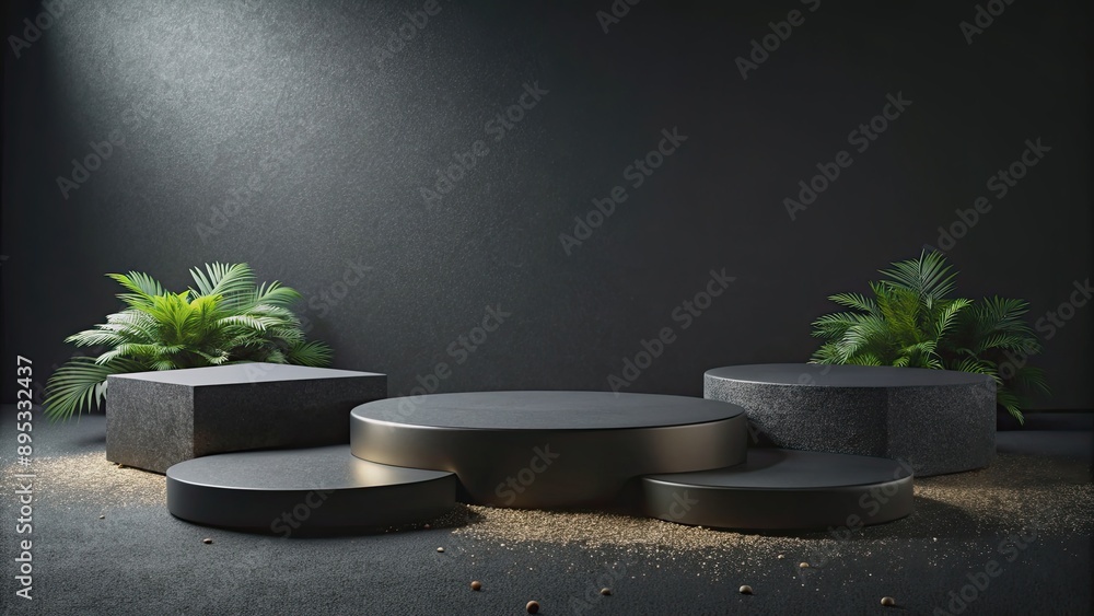 Black natural stone podiums with black sand for displaying jewellery or cosmetics, background, podium, natural stone Black natural stone podiums with black sand for displaying jewellery or cosmetics, background, podium, natural stone