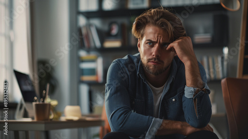 portrait of of an upset man sitting in modern office