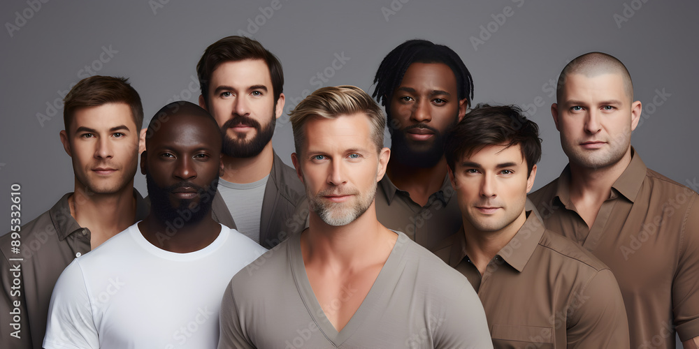 Fototapeta premium Diverse group of men standing together, multicultural male beauty, diversity concept. AI generative