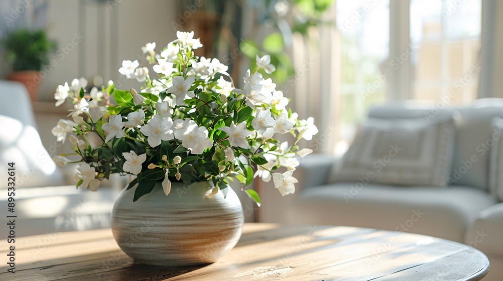 4. Vase of jasmine flowers on a wooden table in the living room, the white blossoms adding a touch of elegance and freshness to the home setting 4. Vase of jasmine flowers on a wooden table in the living room, the white blossoms adding a touch of elegance and freshness to the home setting