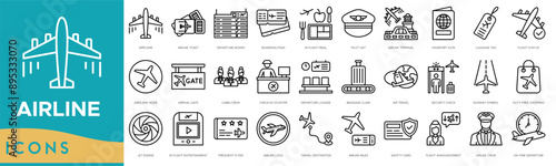 Airline icon. Airplane, Airline Ticket, Departure Board, Boarding Pass, In-Flight Meal, Pilot Hat, Airline Terminal, Passport Icon