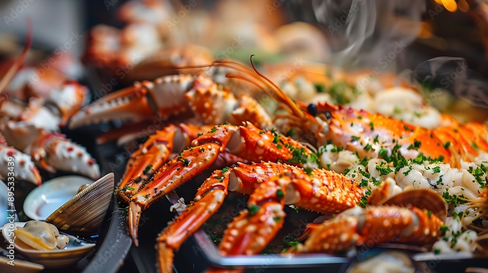 Delicious seafood assortment with king crab legs, prawns, and clams, served with herbs Delicious seafood assortment with king crab legs, prawns, and clams, served with herbs