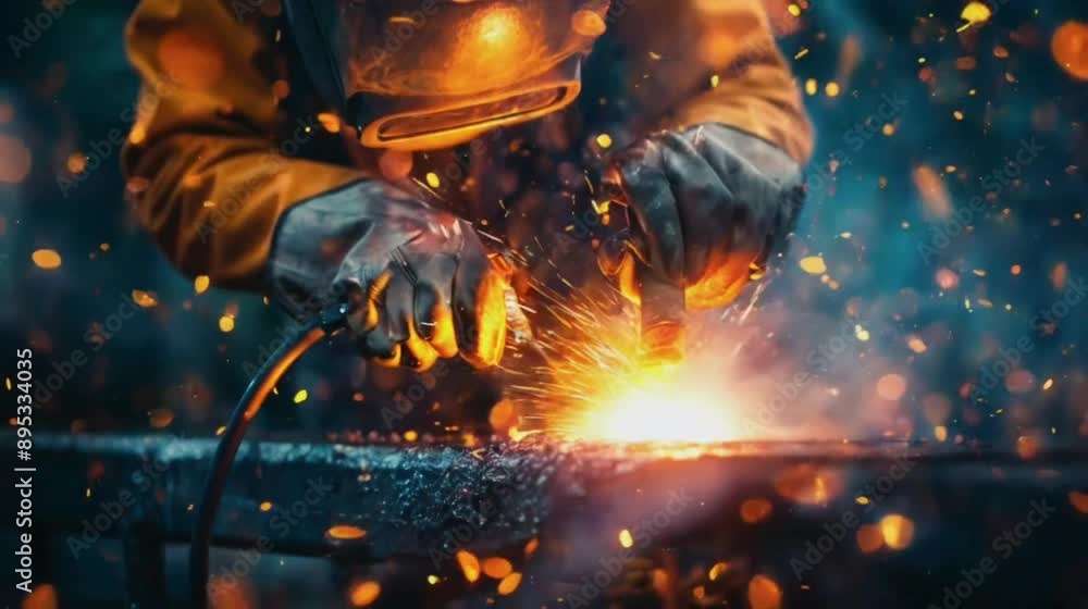 A Welder's Focused Work. A welder wearing protective gear expertly uses a welding torch, creating a shower of sparks and light. Seamless looping video background animation. Generated with AI A Welder's Focused Work. A welder wearing protective gear expertly uses a welding torch, creating a shower of sparks and light. Seamless looping video background animation. Generated with AI