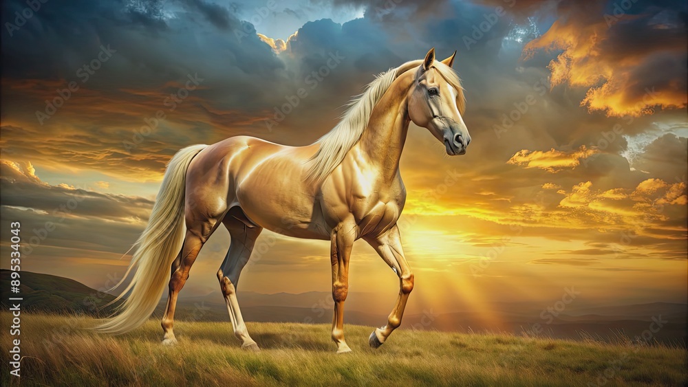 Majestic golden horse standing gracefully in a field , nature, animal, equine, beauty, elegance, stallion, majestic, mane, tail Majestic golden horse standing gracefully in a field , nature, animal, equine, beauty, elegance, stallion, majestic, mane, tail