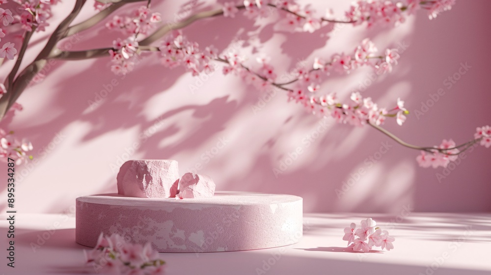 3. Sophisticated 3D scene with a pink podium and stone display, highlighted by the shadow of a sakura flower tree branch, ideal for promoting floral cosmetics or beauty products, offering a serene 3. Sophisticated 3D scene with a pink podium and stone display, highlighted by the shadow of a sakura flower tree branch, ideal for promoting floral cosmetics or beauty products, offering a serene