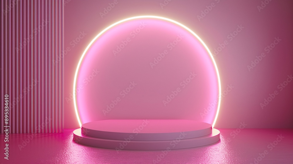 4. Modern 3D pink cylinder podium with a glowing neon semi-circle lamp, set in a minimalistic scene for product presentations and promotional displays, offering a stylish geometric platform 4. Modern 3D pink cylinder podium with a glowing neon semi-circle lamp, set in a minimalistic scene for product presentations and promotional displays, offering a stylish geometric platform