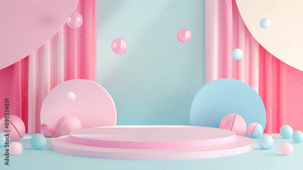 3. Playful vector background in paper cut style with geometric pastel color shapes, designed for a 3D render of a cosmetic or product display podium, offering a cute and visually appealing setting 3. Playful vector background in paper cut style with geometric pastel color shapes, designed for a 3D render of a cosmetic or product display podium, offering a cute and visually appealing setting