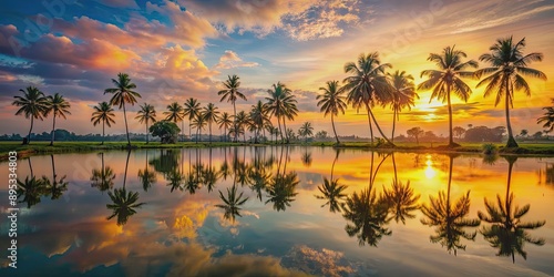 Fototapeta Naklejka Na Ścianę i Meble -  Stunningly beautiful sunset landscape in Sri Lanka with palm trees and water reflections, sunset, landscape, Sri Lanka