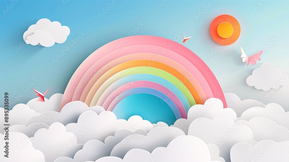 3. Whimsical paper cut landscape banner with a bright rainbow and soft clouds, designed in realistic paper craft art, perfect for a kids' product display podium, evoking a fun and imaginative 3. Whimsical paper cut landscape banner with a bright rainbow and soft clouds, designed in realistic paper craft art, perfect for a kids' product display podium, evoking a fun and imaginative