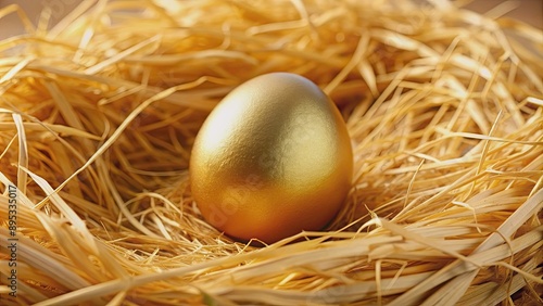 Golden egg nestled in a bed of golden straw , finance, wealth, investment, treasure, savings, prosperity, luxury, riches