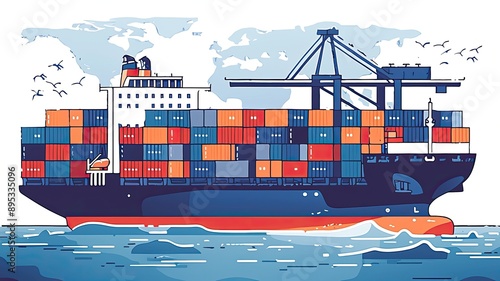 Cartoon illustration of container cargo ships in vibrant colors. Essential for global import-export logistics and maritime transportation. Flat 2D art, perfect for ads. photo