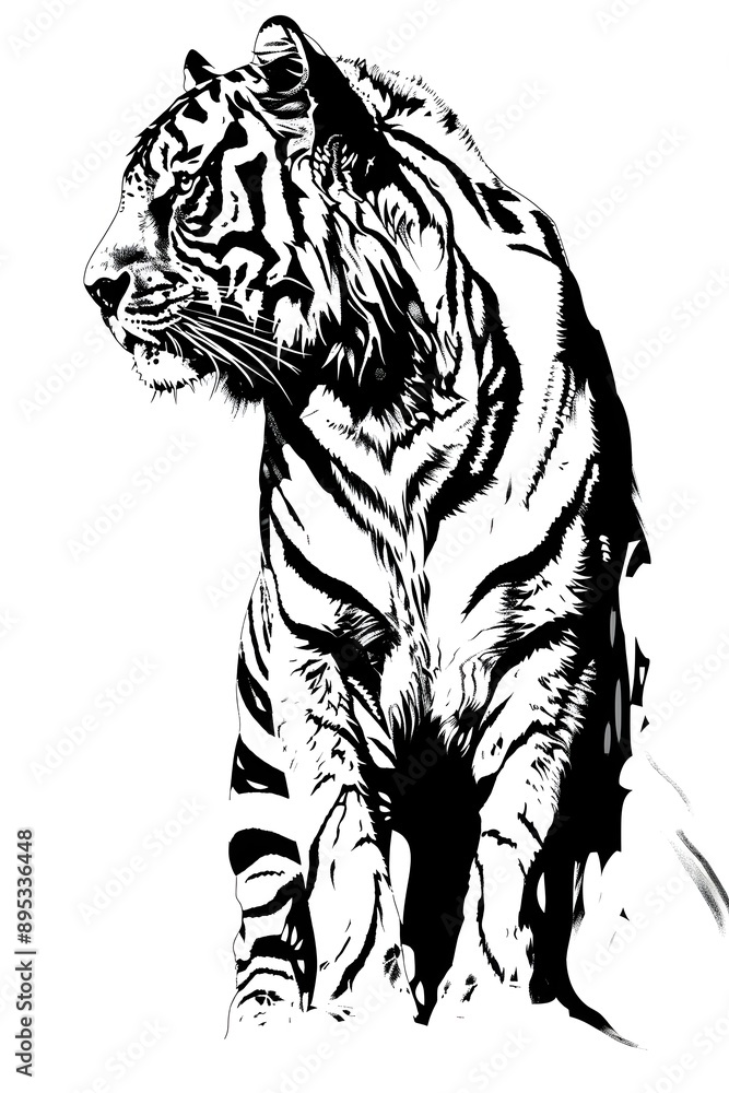 Obraz premium Detailed black and white illustration of a Bengal tiger in profile, showcasing intricate fur patterns and a powerful, majestic pose, highlighting its grace and strength.