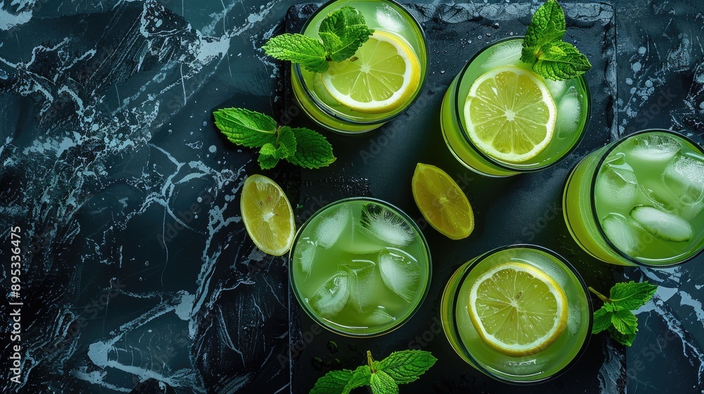 Six vegan lemon-mint summer cocktails on dark marble table, healthy lifestyle from above Six vegan lemon-mint summer cocktails on dark marble table, healthy lifestyle from above