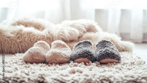 Cozy fuzzy slippers on soft carpet in bright room