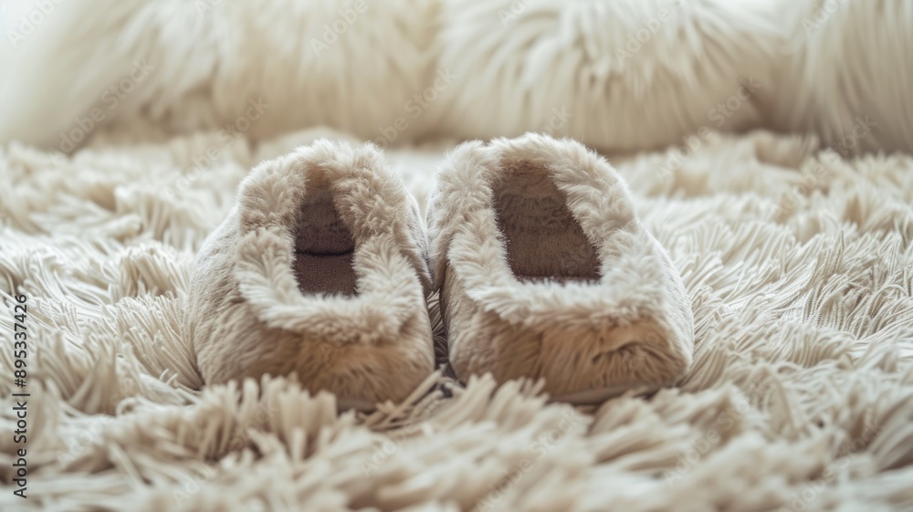 Fuzzy, cream-colored slippers on soft, shaggy rug Fuzzy, cream-colored slippers on soft, shaggy rug