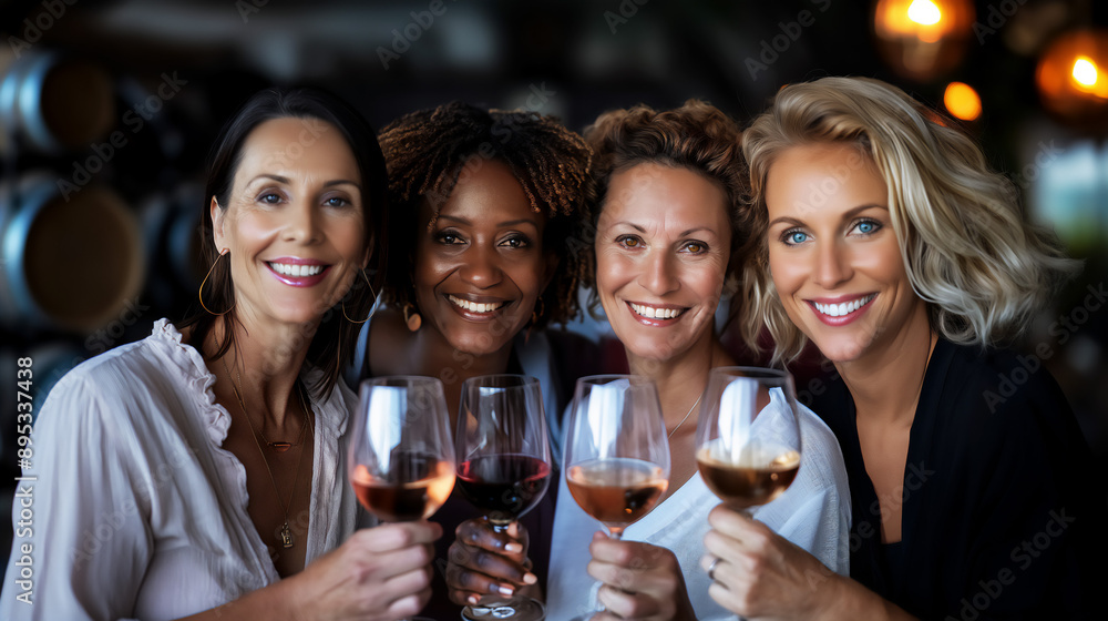 Diverse group of women enjoying a wine tasting at a winery, copy space Diverse group of women enjoying a wine tasting at a winery, copy space