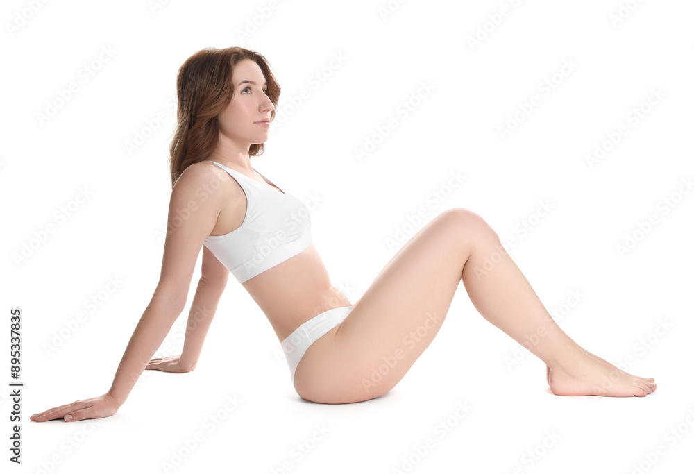 Woman with slim body posing on white background Woman with slim body posing on white background