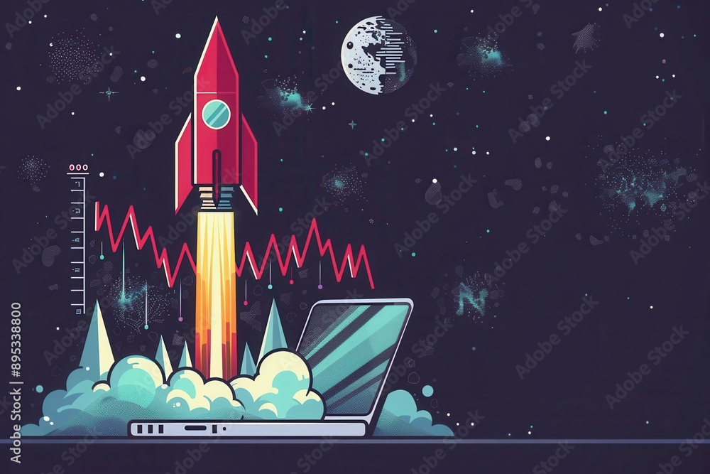 A rocket is launched into space with a laptop screen behind it A rocket is launched into space with a laptop screen behind it