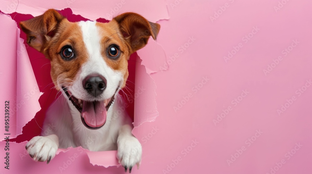 Curious dog peeking out of pink wall opening with mouth agape, animal, playful, cute, exploration, fun, surprise, secret, abstract Curious dog peeking out of pink wall opening with mouth agape, animal, playful, cute, exploration, fun, surprise, secret, abstract