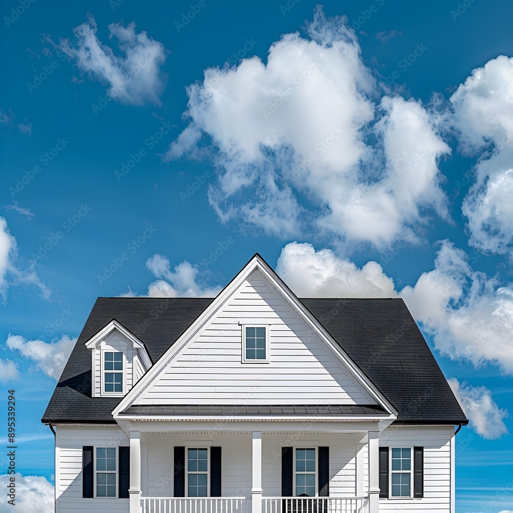 Picturesque house with white siding and black roof against a blue sky Picturesque house with white siding and black roof against a blue sky