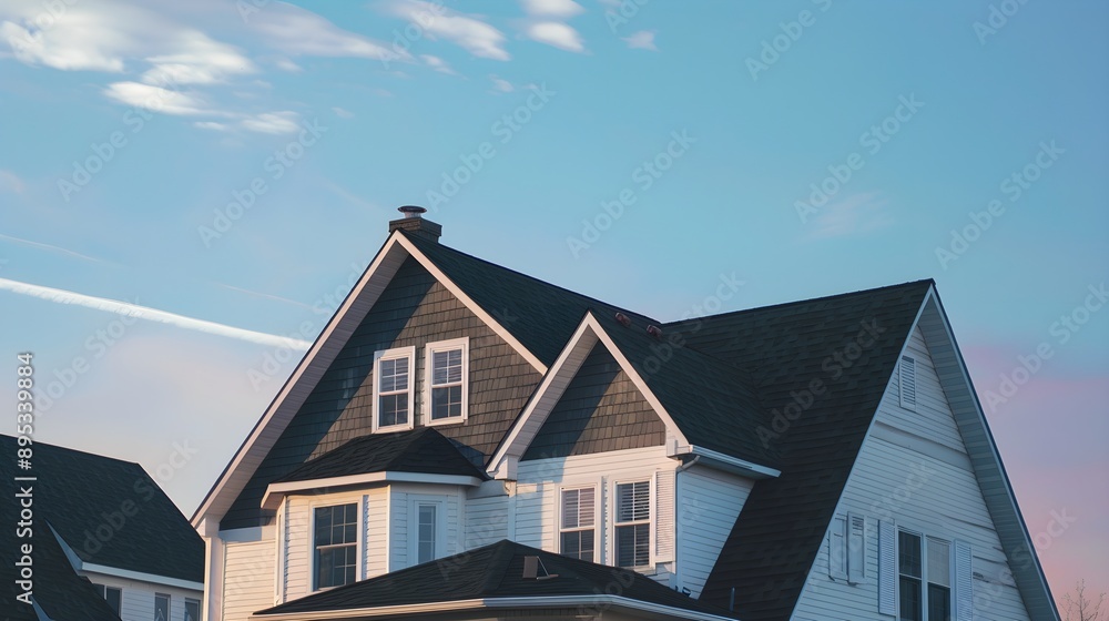 Picturesque house with white siding and black roof against a blue sky Picturesque house with white siding and black roof against a blue sky
