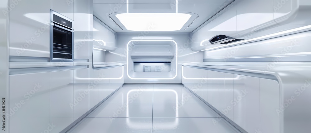 A futuristic kitchen equipped with hightech appliances and minimalist design, set within an ultramodern, supernatural scene, providing a spacious and functional area A futuristic kitchen equipped with hightech appliances and minimalist design, set within an ultramodern, supernatural scene, providing a spacious and functional area