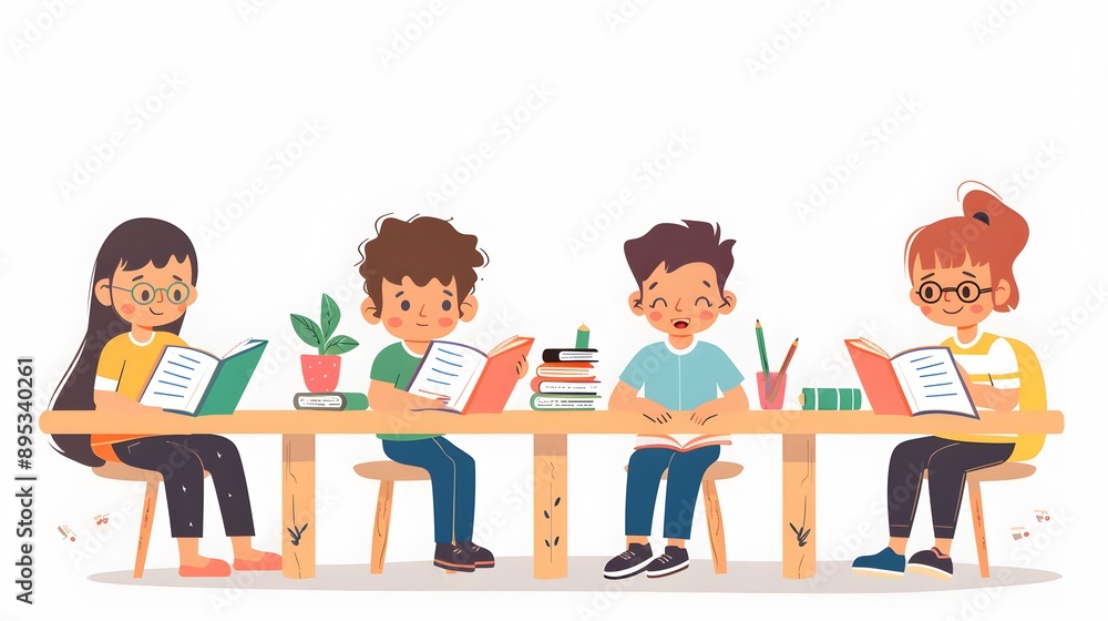 Fototapeta premium Children studying together at a table, reading books and engaging in collaborative learning, fostering education and teamwork.