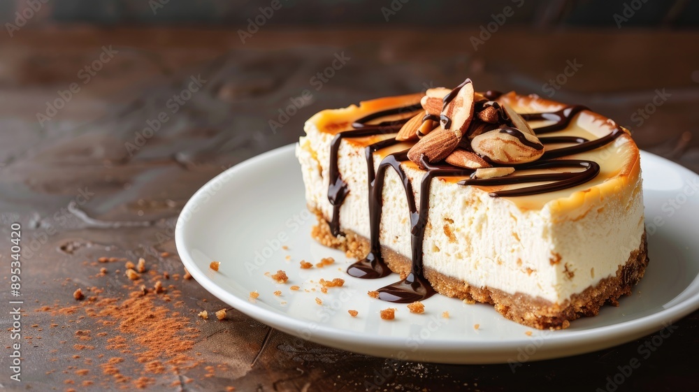 Creamy cheesecake slice topped with nuts and chocolate Creamy cheesecake slice topped with nuts and chocolate