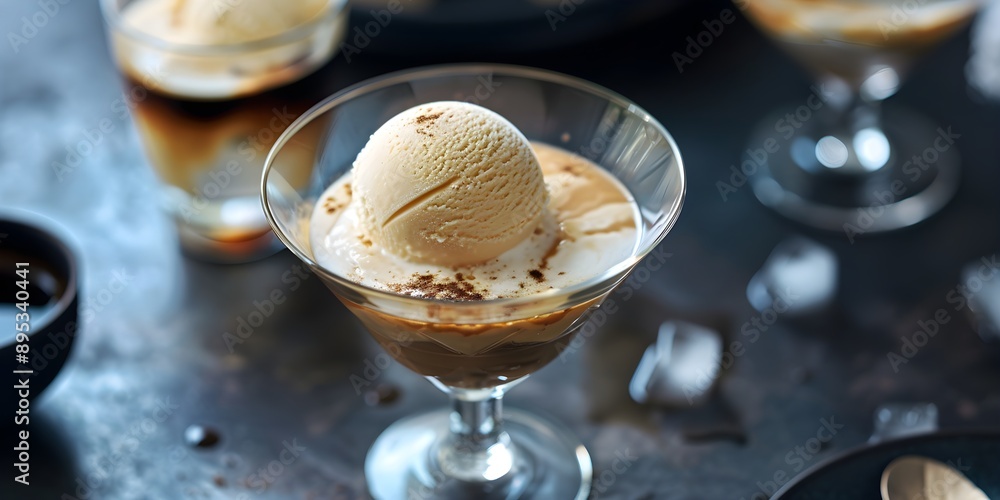 Close-up of coffee affogato with vanilla ice cream in a clear cocktail glass Close-up of coffee affogato with vanilla ice cream in a clear cocktail glass