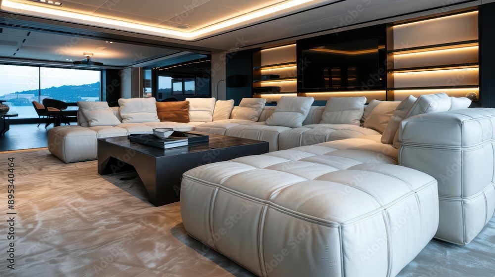 A luxurious living room designed with sleek, modern furniture, featuring an ultramodern, supernatural scene, and plenty of open space for a calming atmosphere A luxurious living room designed with sleek, modern furniture, featuring an ultramodern, supernatural scene, and plenty of open space for a calming atmosphere