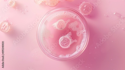 A glass filled with pink liquid and topped with bubbles, set against a pink background