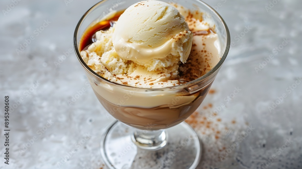 Close-up of coffee affogato with vanilla ice cream in a clear cocktail glass
