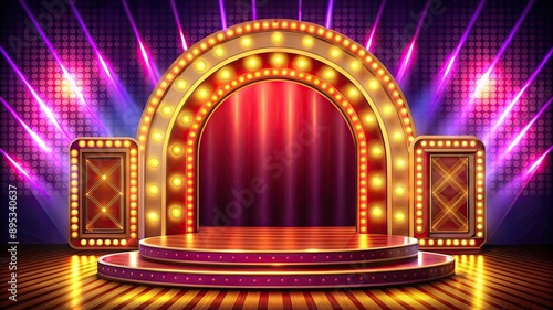 Retro show stage with light frame decoration. Game winner casino vector background. Illuminated of shine casino podium illustration