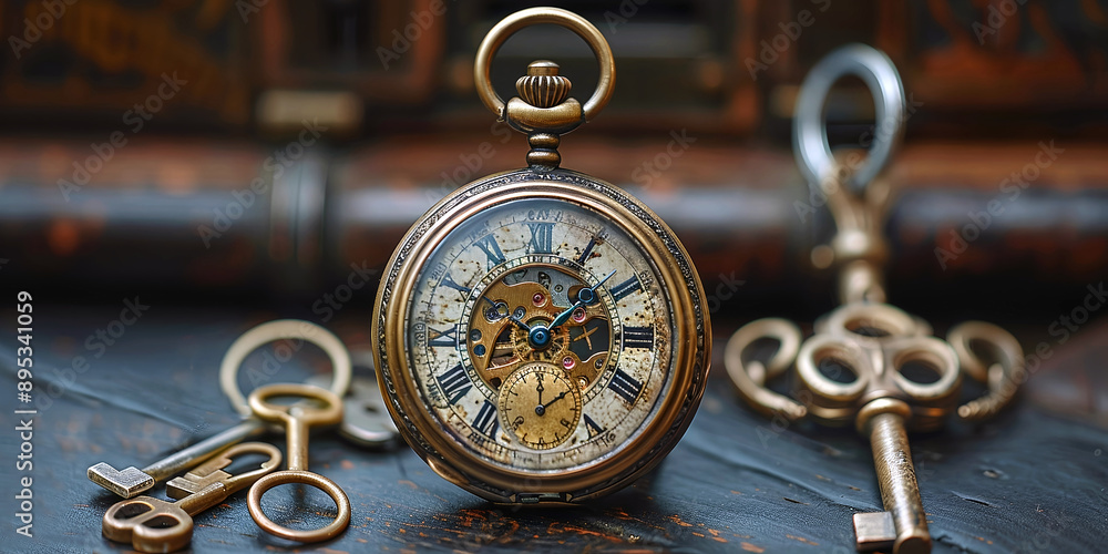 Antique pocket watch with numbers and hands, along with a set of old keys that open important doors. Antique pocket watch with numbers and hands, along with a set of old keys that open important doors.
