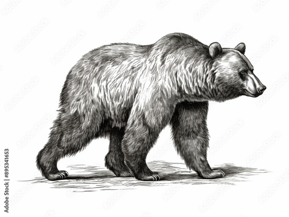 Fototapeta premium Black and white Vintage engraved art of a bear side view walking isolated on white background, ink sketch illustration, simple vector art design, highly detailed line art, high contrasty 
