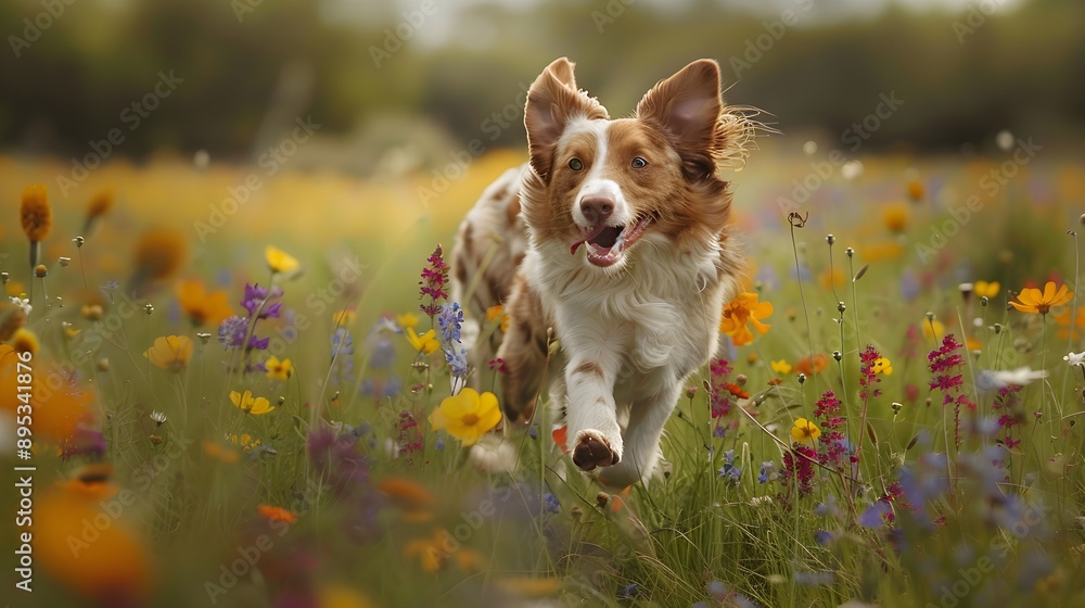 Happy dog bounding across a field of wildflowers, zest for life evident in every joyful stride Happy dog bounding across a field of wildflowers, zest for life evident in every joyful stride