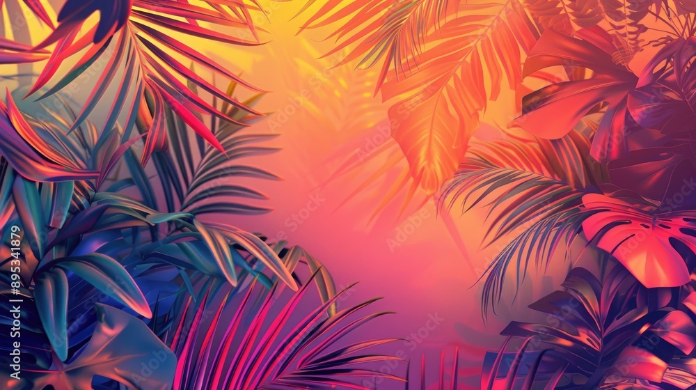 Vibrant gradient holographic concept art featuring tropical and palm leaves