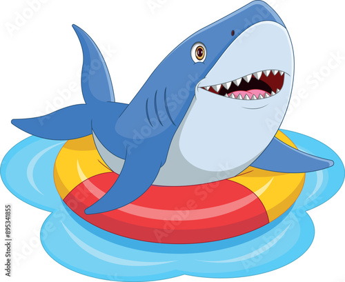 cute shark playing with an inflatable ring cartoon