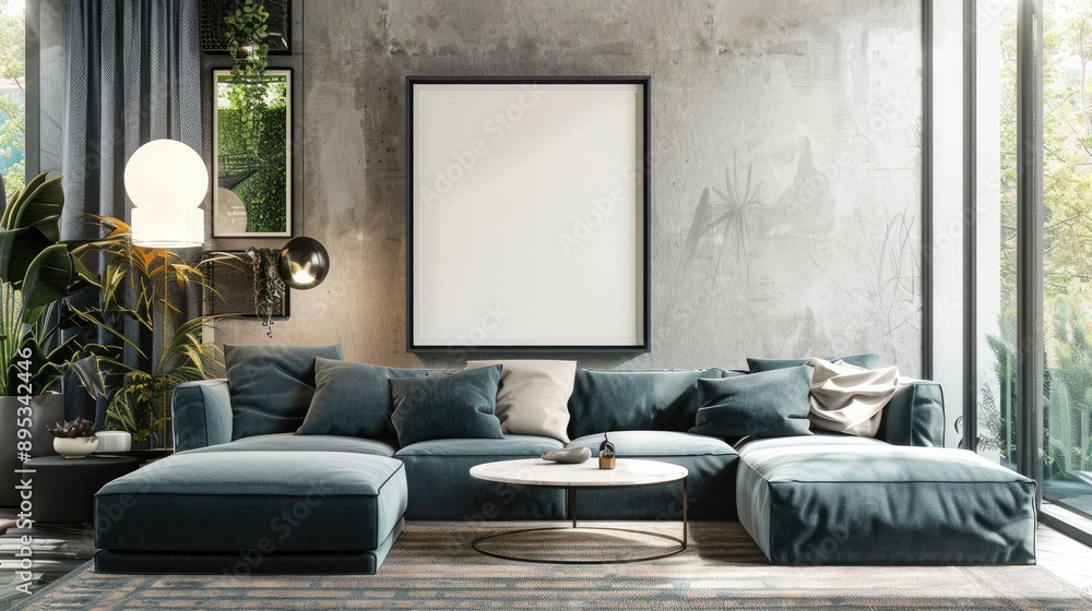 Fototapeta premium Living room design with decor elements and mockup poster frame